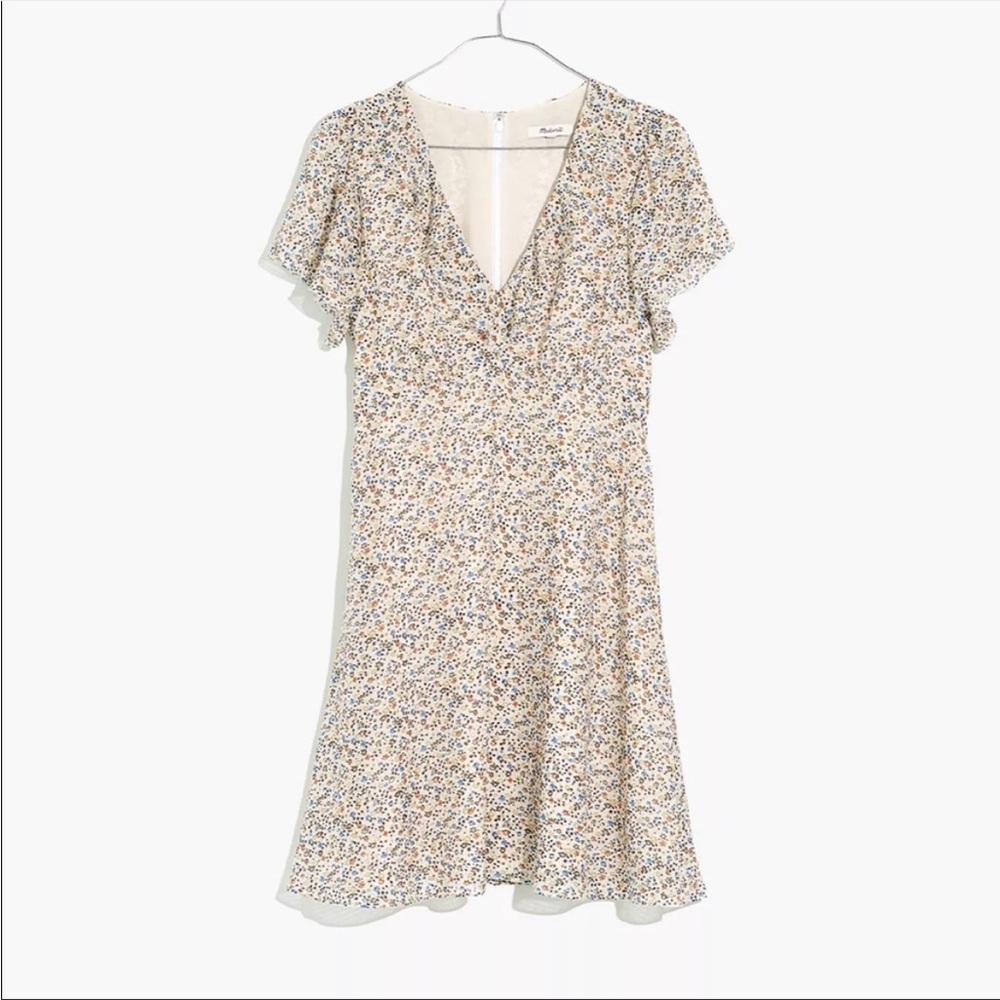 Silk Flutter Sleeve Ditsy Floral Ruffle V Neck Mini Dress
